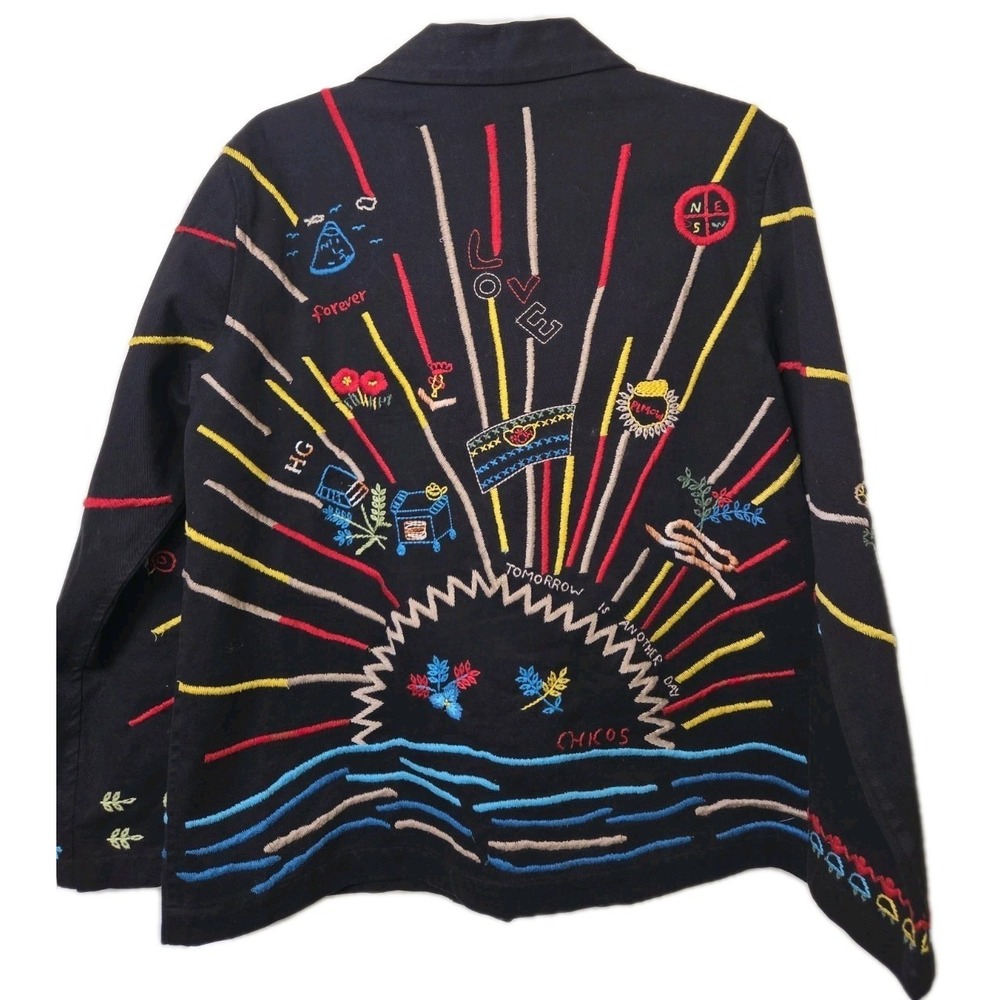 Vtg Chicos Design Embroidered Jean Jacket Artsy Art to Wear Boho Denim Size 1 M